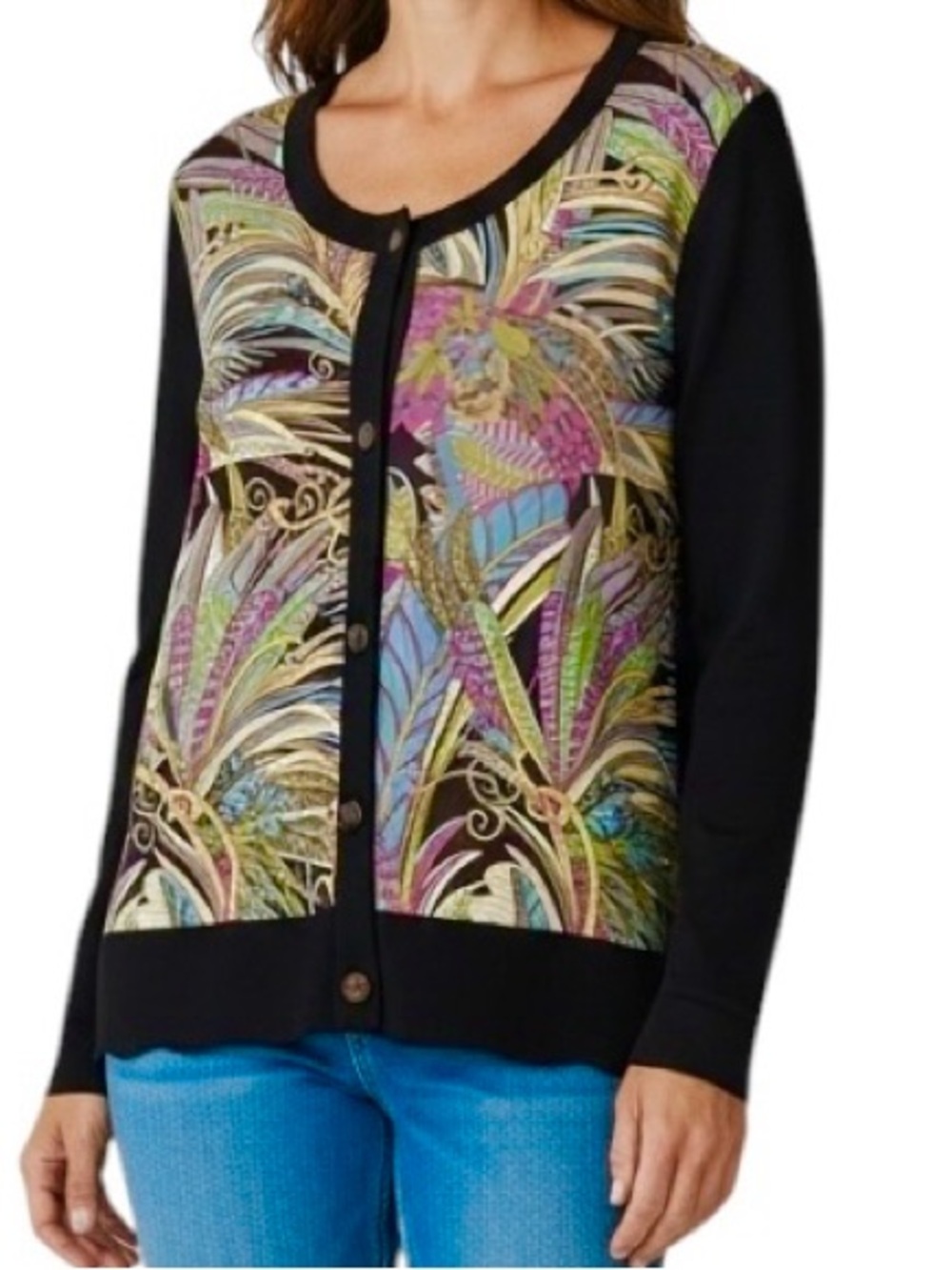 MISOOK Black Knit Cardigan w/colorful tropical leaf/feather pattern. Size Xlg